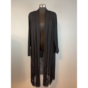 Vintage Panache Sweater Jacket Small Black Handwoven Open Cardigan Fringe Boho